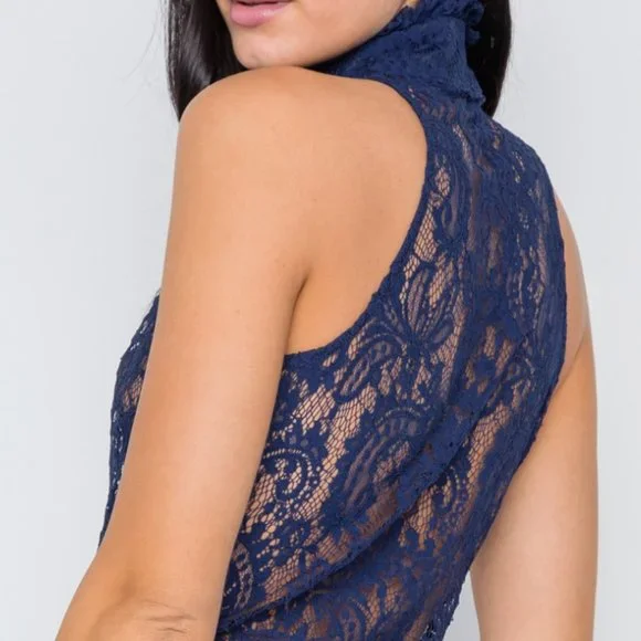 Nasty Gal Navy Blue Mock-Neck Sheer Button Down Lace Top - Picture 3 of 3